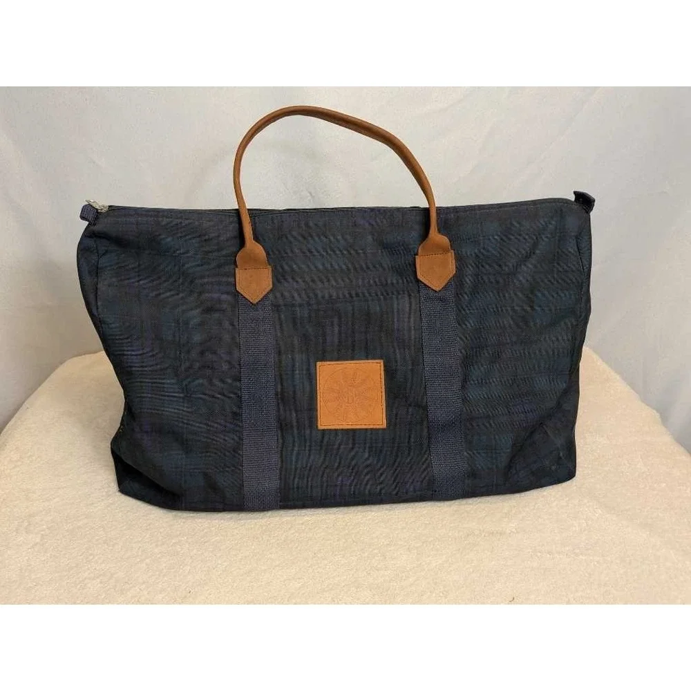SEC Conference Duffle Bag Navy Plaid Leather Trim Travel Weekender NCAA